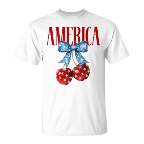 America Cherries Coquette Bow Cherry July 4Th Usa Flag Women T-Shirt